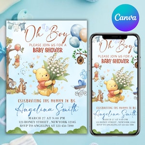 Invito modificabile per baby shower Winnie the Pooh, invito digitale Oh Boy, invito Winnie the Pooh blu, Canva modificabile