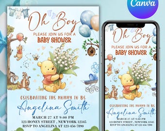 Editable Winnie the Pooh Baby Shower Invitation, Digital Invitation Oh Boy, Blue Winnie The Pooh Invitation, Canva Editable
