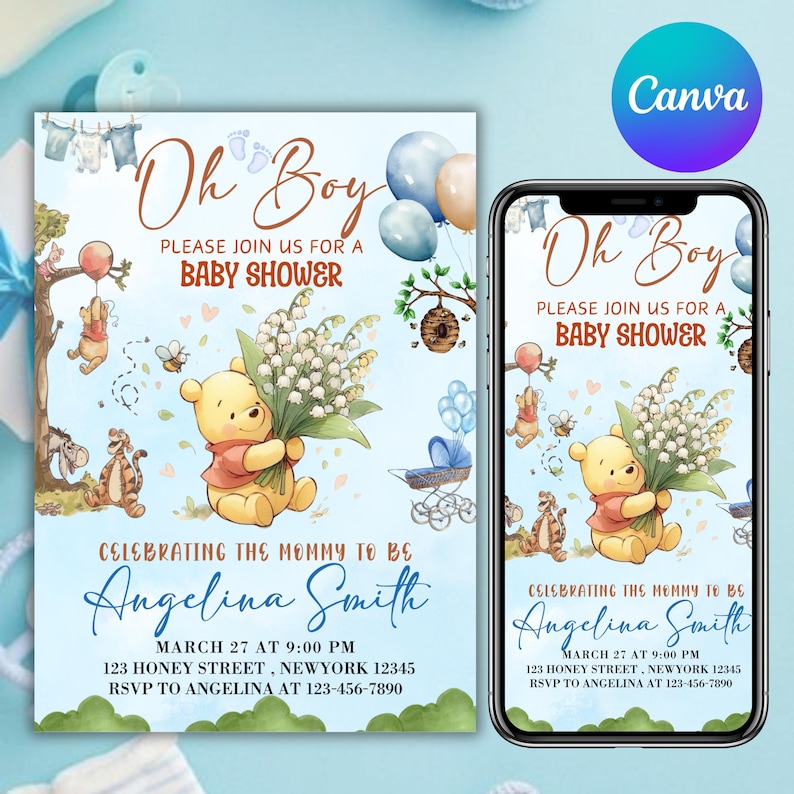 Editable Winnie the Pooh Baby Shower Invitation, Digital Invitation Oh Boy, Blue Winnie The Pooh Invitation, Canva Editable