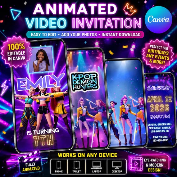 K-Pop Demon Hunters Birthday Video Evite, Huntrix & Saja Theme Party Invite, Animated Mobile Invite Template, DIY Text, Instant Download