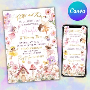 Editable Fairy Birthday Invitation Template Enchanted Whimsical Garden Forest Girl Invite Floral Magical Princess Party, Canva Editable