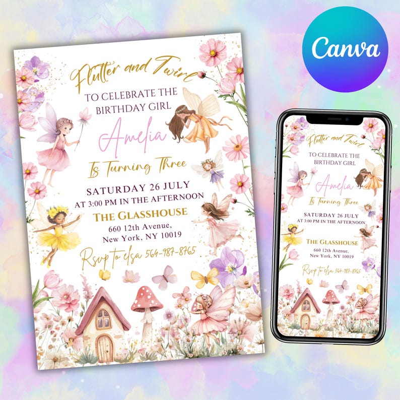 Editable Fairy Birthday Invitation Template Enchanted Whimsical Garden Forest Girl Invite Floral Magical Princess Party, Canva Editable