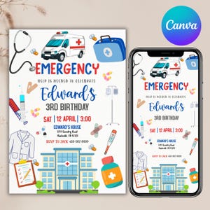 Convite de aniversário para médico infantil, festa de primeiros socorros, modelo de médico fingido, convite para emergência médica, receita médica, editável pelo Canva