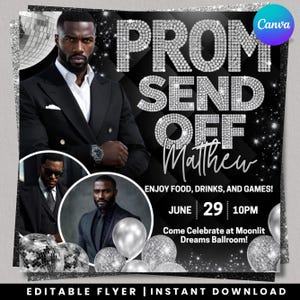 Könnte beinhalten: Schwarz-silberner Flyer mit dem Text "PROM SEND OFF Matthew" in Diamant-Optik. Der Flyer zeigt Bilder eines Mannes im Anzug, silberne Ballons und Discokugeln. Der Flyer enthält auch den Text "ENJOY FOOD, DRINKS, AND GAMES!" und das Datum "29. JUNI 22 Uhr".