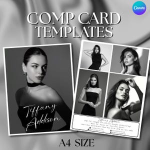 May include: Black and white comp card templates with the text "COMP CARD TEMPLATES" and "A4 SIZE". The card features a model's headshots and personal details, including measurements in inches and pounds.