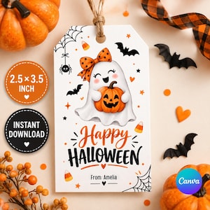 May include: A rectangular white gift tag measuring 2.5 x 3.5 inches featuring a cartoon ghost with an orange polka dot bow holding a jack-o'-lantern. The tag includes black text reading Happy Halloween and From: Amelia, surrounded by spiderwebs, bats, and candy corn.