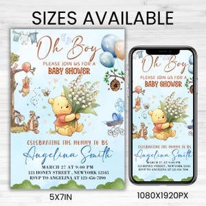 Editable Winnie the Pooh Baby Shower Invitation, Digital Invitation Oh Boy, Blue Winnie The Pooh Invitation, Canva Editable