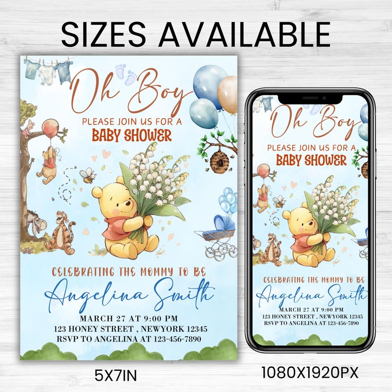 Editable Winnie the Pooh Baby Shower Invitation, Digital Invitation Oh Boy, Blue Winnie The Pooh Invitation, Canva Editable