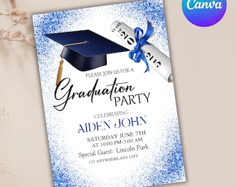 Graduierung Einladung, Klasse von 2025 einladen, blaue Graduierung Ankündigung, Graduierung einladen, College-Abschluss, Canva Editable