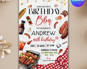 BBQ Birthday Invitation, Barbeque Birthday Party Invitation, Barbecue Grill and Chill Invite, BBQ Red Gingham Backyard Party, Canva Editable