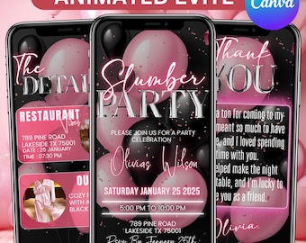 Invitación digital para pijamada, invitación animada para pijamada, noche de chicas, editable en Canva