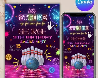 invitación de cumpleaños de bolos, invitación de cumpleaños, vamos a empezar a divertirnos jugando a los bolos, invitación a una fiesta de cumpleaños, Canva editable