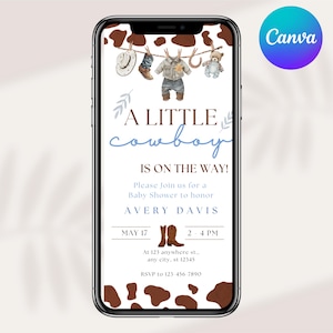 May include: A baby shower invitation displayed on a smartphone screen. The invitation features a watercolor illustration of cowboy-themed baby clothes and accessories hanging on a clothesline. Text reads "A Little Cowboy Is On The Way!" and includes event details.