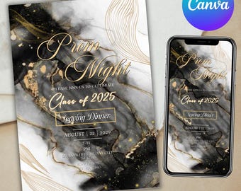 Prom Invitation, Prom Night Party Invite, Prom Send Off Dinner Dance, Black and White Gold Decor, Canva Editable