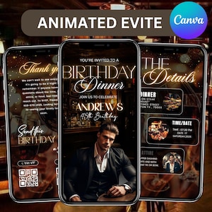 Animated Birthday Dinner Evite, birthday evite, Men&#39;s Party Video Invite, Premade Gold Party Celebration Event Digital Evite, Canva Editable