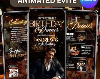 Animated Birthday Dinner Evite, Men's Gold Party Evite, Digital Celebration Evite, Luxury Birthday Event Invite, DIY, Instant Download