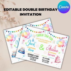 Editable Sibling Birthday Invitation, Double Birthday Invite, Dual Combined Twins, Boy and Girl Double Invite, Canva Editable