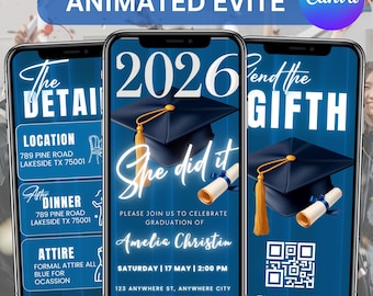Invitación de graduación animada Blu, invitación "Ella lo hizo", invitación digital para fiesta de graduación, tarjeta electrónica de clase, Canva editable