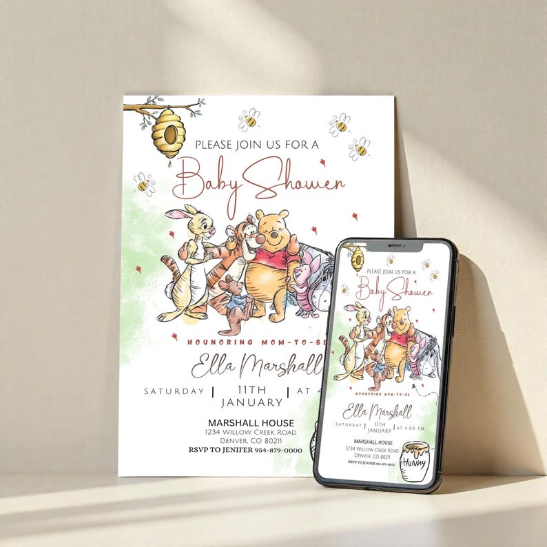 Editable Winnie the Pooh Baby Shower Invitation, Baby Shower Invitation Editable Winnie the Pooh Baby Shower Invitation, Baby Shower Invitation