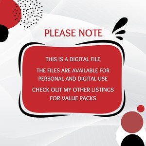 Puede incluir: Texto rojo y negro sobre un fondo rojo con un contorno blanco. El texto dice "PLEASE NOTE", "THIS IS A DIGITAL FILE", "THE FILES ARE AVAILABLE FOR", "PERSONAL AND DIGITAL USE", "CHECK OUT MY OTHER LISTINGS", "FOR VALUE PACKS".
