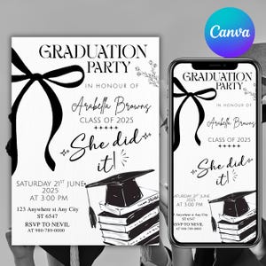 Black Bow Graduation Party Invitation, Graduation Announcement Template, Minimalist Graduation Invite, Grad Party Invite, Canva Editable