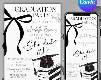 May include: Black and white graduation party invitation with a bow, text, and a graduation cap on books. The invitation reads "Graduation Party" and includes details for Arabella Browns' Class of 2025.