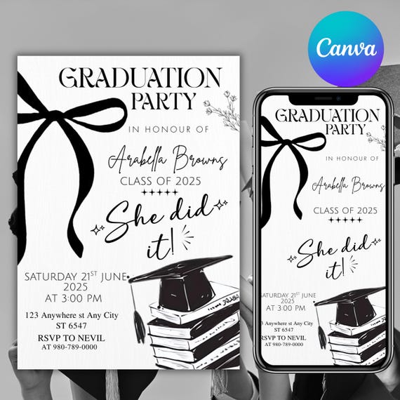 Black Bow Graduation Party Invitation, Graduation Announcement Template, Minimalist Graduation Invite, Grad Party Invite, Canva Editable
