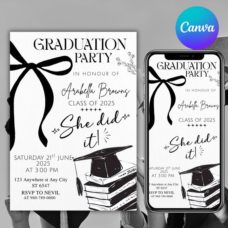 Black Bow Graduation Party Invitation, Graduation Announcement Template, Minimalist Graduation Invite, Grad Party Invite, Canva Editable