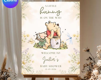 Letrero de bienvenida para baby shower de Winnie the Pooh, para brunch o para decorar con temática de Miel, texto DIY, impreso o digital, descarga instantánea