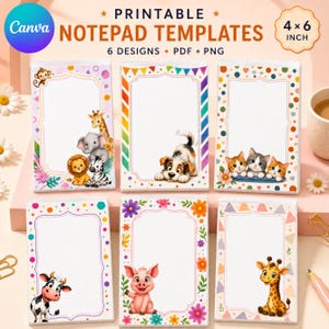 Puede incluir: Seis plantillas de bloc de notas imprimibles de 4x6 pulgadas, con bordes coloridos e ilustraciones de animales que incluyen un mono, jirafa, elefante, león, cebra, perro, gatitos, vaca, cerdo y una jirafa, con el texto Printable Notepad Templates.