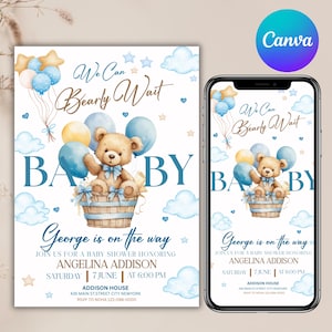 May include: Baby shower invitation featuring a watercolor teddy bear holding blue and yellow balloons. The invitation reads "We Can Bearly Wait BABY" and includes details for the event, such as the name, date, time, and location.