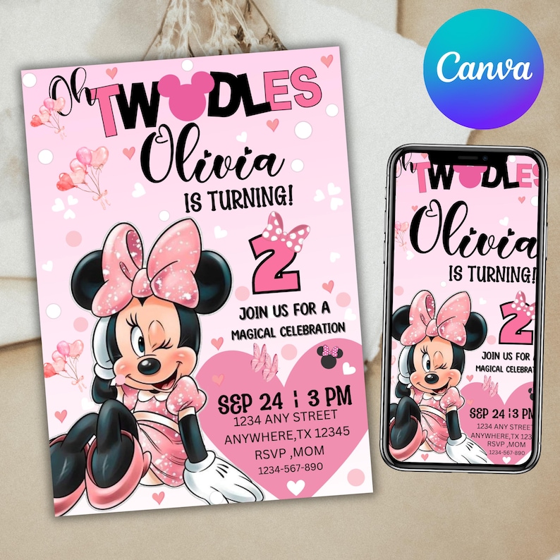 Editable Oh TWOdles Birthday Invitation Digital 2nd Birthday Cute Mouse Second Birthday Invite Oh Twodles Invitiation, Canva Editable