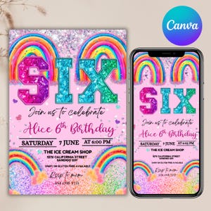 6th Birthday Invitation Girl, 6th Rainbow Sequin Birthday Editable Invite, 6th Glitter Birthday Invitation, Canva Editable