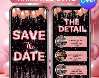 Blush Pink Save the Date Animated Invitation, Rose Gold Birthday Evite, Editable Canva Video Invite, DIY Text, Instant Download