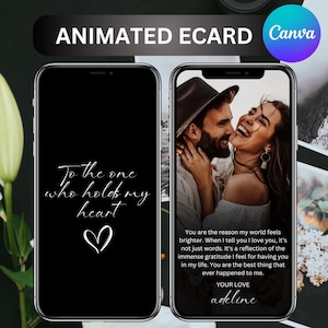 Może przedstawiać: Animowana e-kartka na ekranie smartfona. Lewy ekran wyświetla tekst "To the one who holds my heart" ze symbolem serca. Prawy ekran pokazuje śmiejącą się parę, z tekstem "You are the reason my world feels brighter..." i imieniem "adeline".