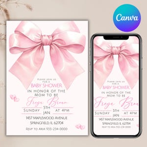 Pink Bow Baby Shower Invitation, Baby Girl, Pink Coquette Baby Shower Invite, Baby Shower Invitation Girl Coquette Bow, Canva Editable