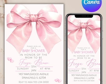 Pink Bow Baby Shower Invitation, Baby Girl, Pink Coquette Baby Shower Invite, Baby Shower Invitation Girl Coquette Bow, Canva Editable