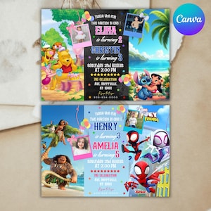 Sibling Birthday Invitation, Double Birthday Invite, Dual Combined Twins, Boy and Girl Double Invite, Canva Editable