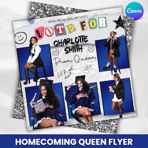 Puede incluir: Un folleto para una candidata a reina del baile de bienvenida, con el texto "VOTE FOR CHARLOTTE SMITH Prom Queen". El folleto incluye fotos de la candidata y el texto "HOMECOMING QUEEN FLYER". El fondo es una mezcla de azul y plata.