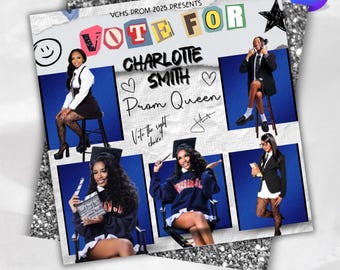Vota por mí, volante de campaña para la clase de graduación y regreso a casa, volante de reina del baile, volante de rey del baile, volante de elección de regreso a casa, editable en Canva