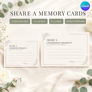 May include: Two rectangular memory cards with cream backgrounds and dark grey text. The cards feature botanical line art in the corners, the heading SHARE A CHERISHED MOMENT, lines for writing, and the text WITH CARE. Sizes are 5 x 3.5 and 6 x 4 inches.