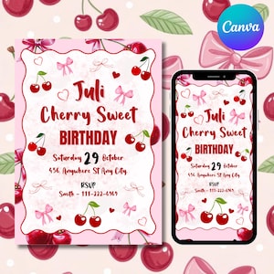 May include: A pink birthday invitation with a cherry theme. The invitation features the text "Juli Cherry Sweet Birthday" and the date "Saturday 29 October". The design includes cherries, bows, and hearts.