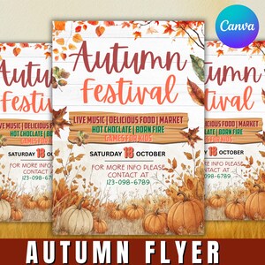 以下が含まれることがあります： オレンジ色の筆記体で「Autumn Festival」と書かれた秋のフェスティバルのチラシ。ライブ音楽、食べ物、ゲームの詳細が記載されており、カボチャと紅葉のイラストが描かれています。日付は10月18日土曜日です。