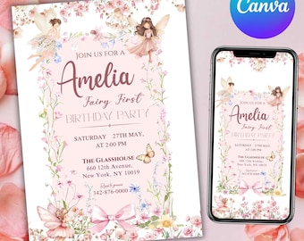 Fairy Birthday Invitation Template Enchanted Whimsical Garden Forest Girl Invite Floral Magical Princess Party, Canva Editable