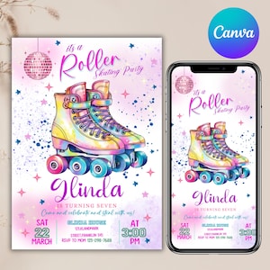 May include: A colorful invitation for a roller skating party. The invitation features a pair of rainbow roller skates with a disco ball and stars. The text on the invitation reads "It's a Roller Skating Party" and "Glinda is turning seven". The invitation also includes the date, time, and location of the party.