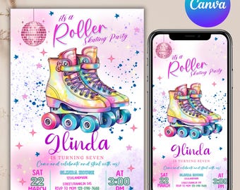 May include: A colorful invitation for a roller skating party. The invitation features a pair of rainbow roller skates with a disco ball and stars. The text on the invitation reads "It's a Roller Skating Party" and "Glinda is turning seven". The invitation also includes the date, time, and location of the party.
