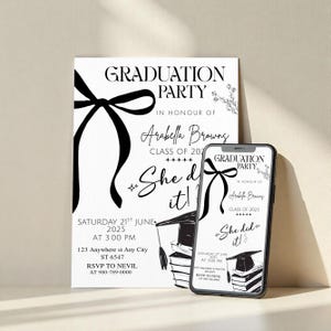 Black Bow Graduation Party Invitation, Graduation Announcement Template, Minimalist Graduation Invite, Grad Party Invite, Canva Editable