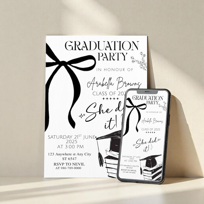 Black Bow Graduation Party Invitation, Graduation Announcement Template, Minimalist Graduation Invite, Grad Party Invite, Canva Editable