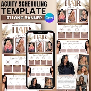 May include: A digital Acuity scheduling template for a hair studio named Hair Amalia, featuring a long banner design with brown and white tones, multiple photos of people with various hairstyles, and text sections for booking policies and contact info.
