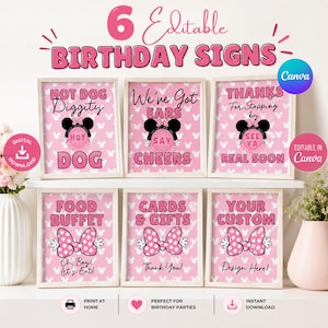 Placas para Festa de Aniversário Inspiradas na Minnie, Pacote com Laço Grande 8x10, Decorações Fofas de Aniversário com Tema de Ratinho, Modelo de Placas para Lembrancinhas, Download Instantâneo